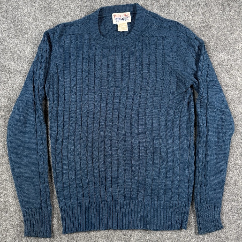Vintage Tally Ho Mens Medium Blue Cable Knit Fisherman Sweater 70s 80s Pullover